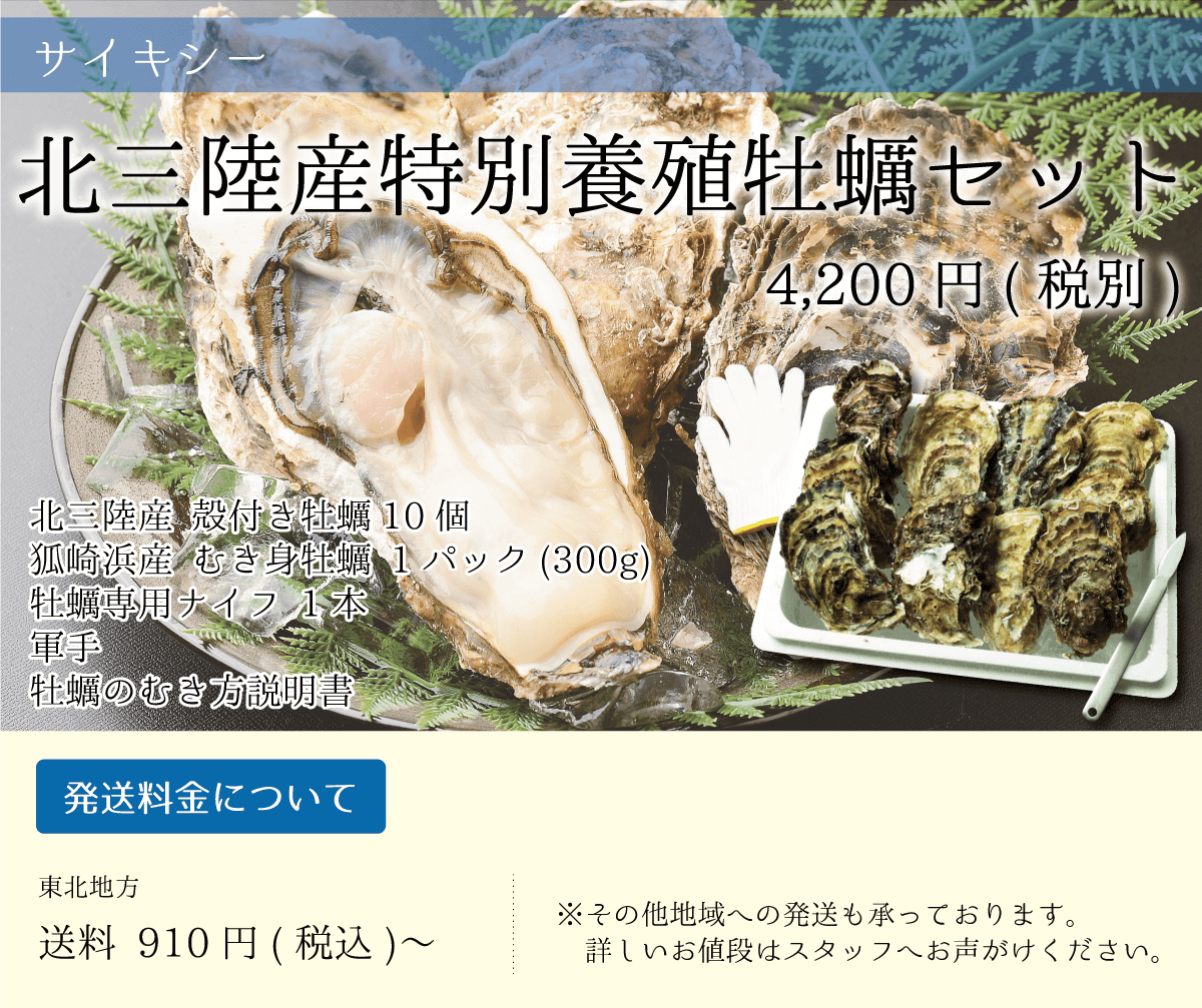 サイキシー_北三陸産特別養殖牡蠣セット_北三陸産殻付き牡蠣_狐崎浜産むき身牡蠣_牡蠣専用ナイフ_軍手_牡蠣のむき方説明書付き