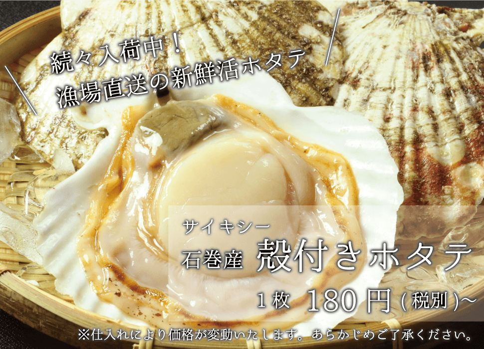 サイキシー 続々入荷中！漁場直送の新鮮活ホタテ 殻付きホタテ 1枚180円〜