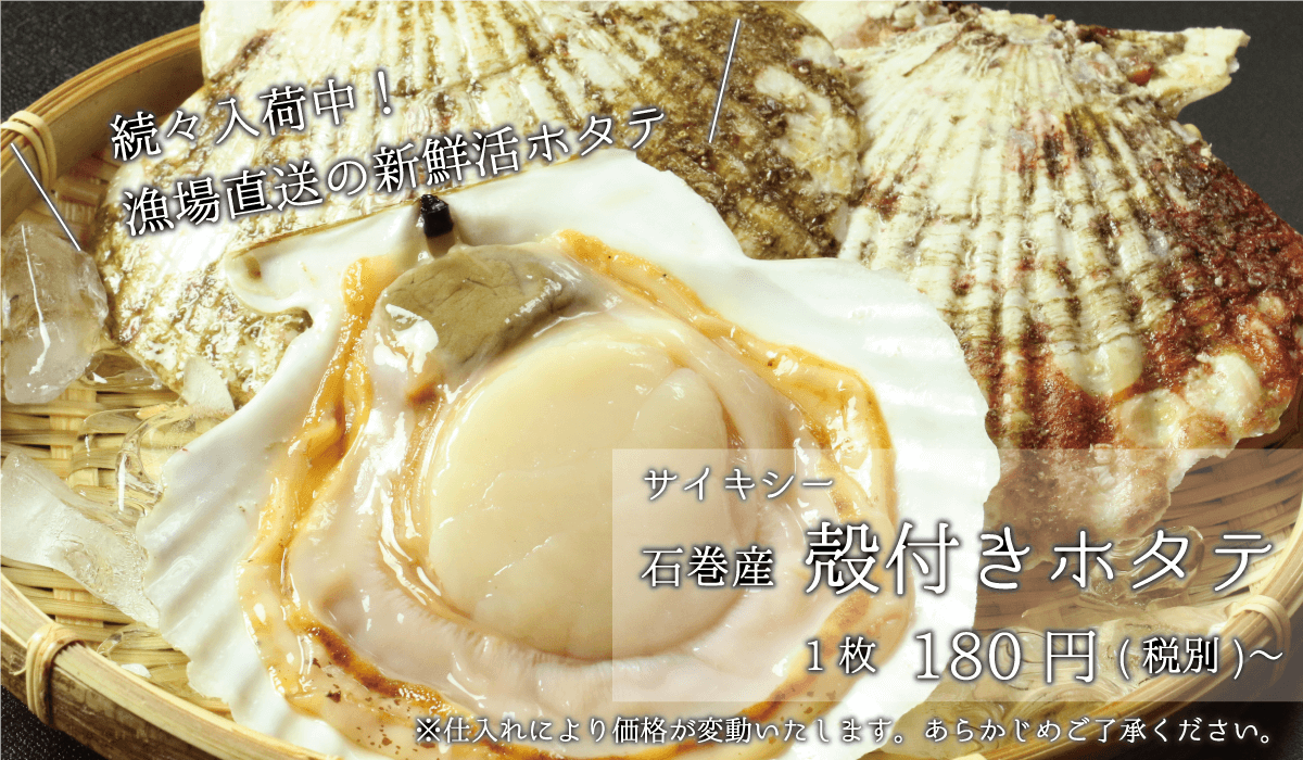 サイキシー 続々入荷中！漁場直送の新鮮活ホタテ 殻付きホタテ 1枚180円〜