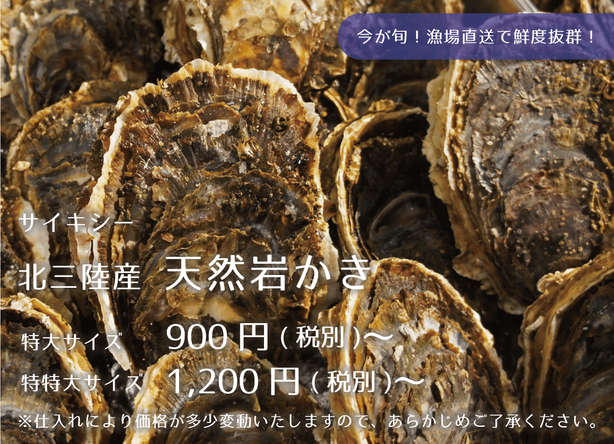 サイキシー 北三陸産天然岩かき 900円~