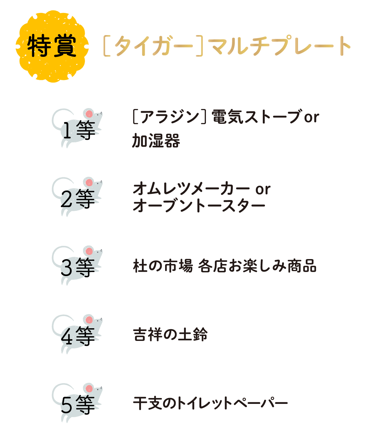 タイガー マルチプレート アラジン 電気ストーブ 加湿器 オムレツメーカー オーブントースター 杜の市場 各店お楽しみ商品 吉祥の土鈴 干支のトイレットペーパー
